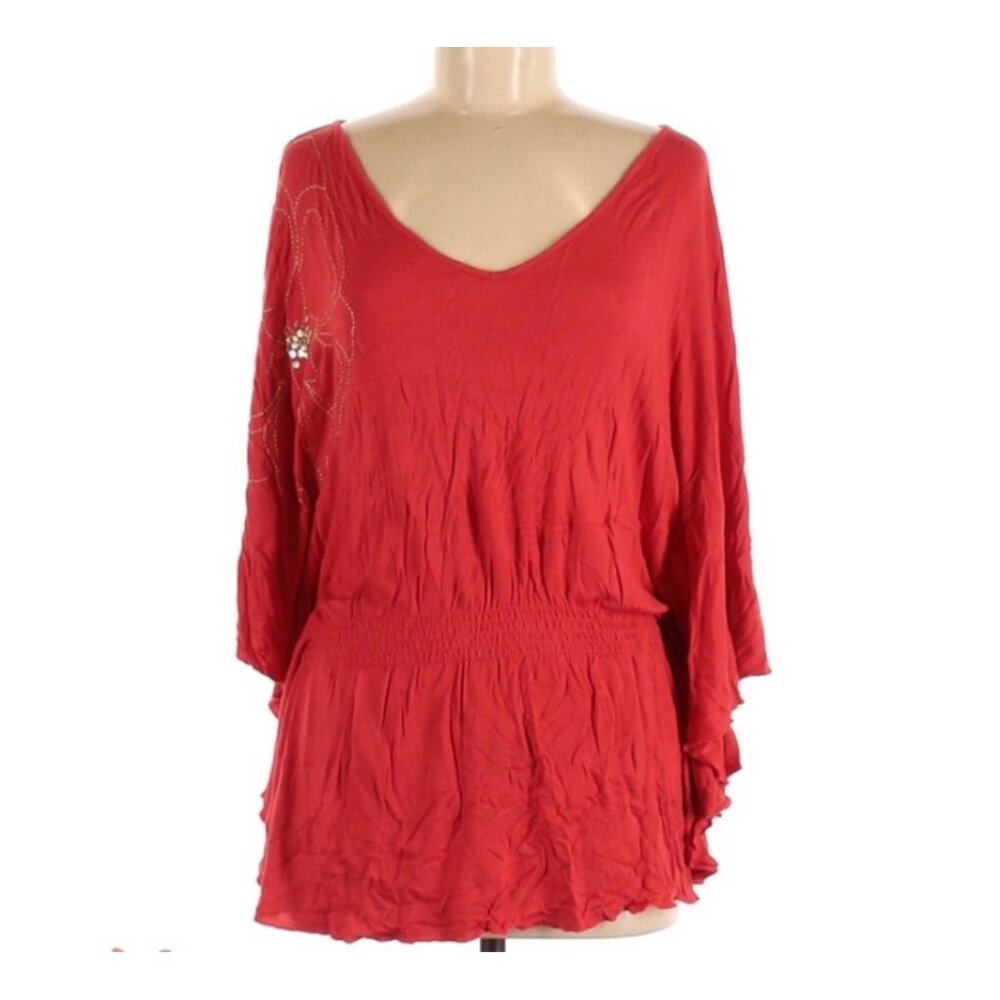 Fashion Bug Womens VNeck Top Embellishments Kimono Sleeve Red Size Small/Med